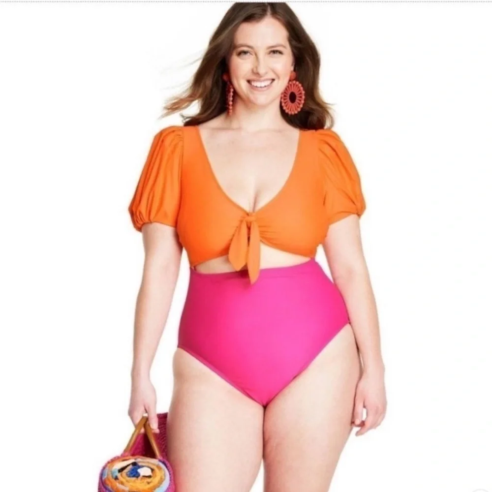 Tabitha Brown X Target Color Block Puff Sleeve Tie-Front Swimsuit XXS NWOT